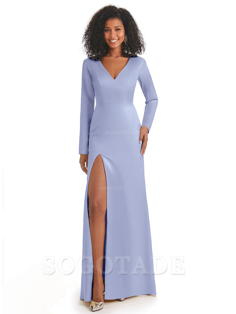 Soft Satin Side Slit Long Sleeves V-Neck Long African Mermaid Bridesmaid Dresses Elegant Evening Party Dress
