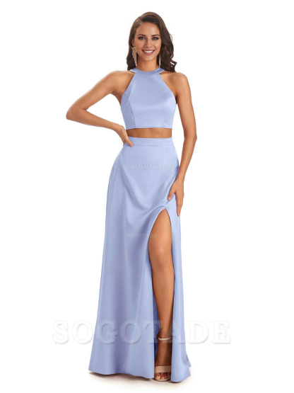 Soft Satin Two-Pieces Halter Side Slit Sexy Fashion Bridesmaid Dresses Charming Evening Party Dress