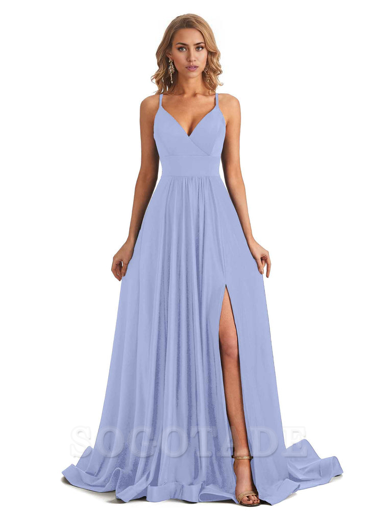 Elegant Spaghetti Straps A-Line Long Formal Bridesmaid Dresses With Side Slit Stretchy Jersey Elegant Evening Party Dress
