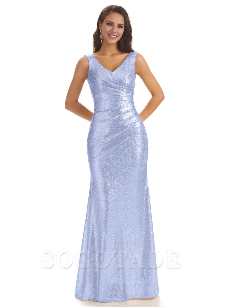 Sexy Sequin V-Neck Sparkly Long Mermaid Bridesmaid Dresses Charming Evening Party Dress