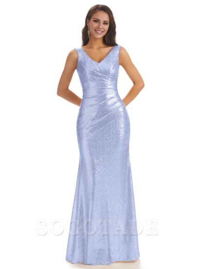 Sexy Sequin V-Neck Sparkly Long Mermaid Bridesmaid Dresses Charming Evening Party Dress