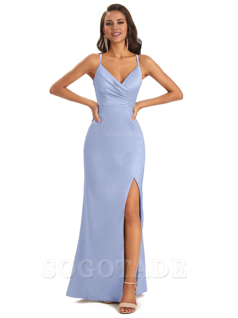 Soft Satin Side Slit Spaghetti Straps Long Unique Mermaid Bridesmaid Dresses Elegant Evening Party Dress