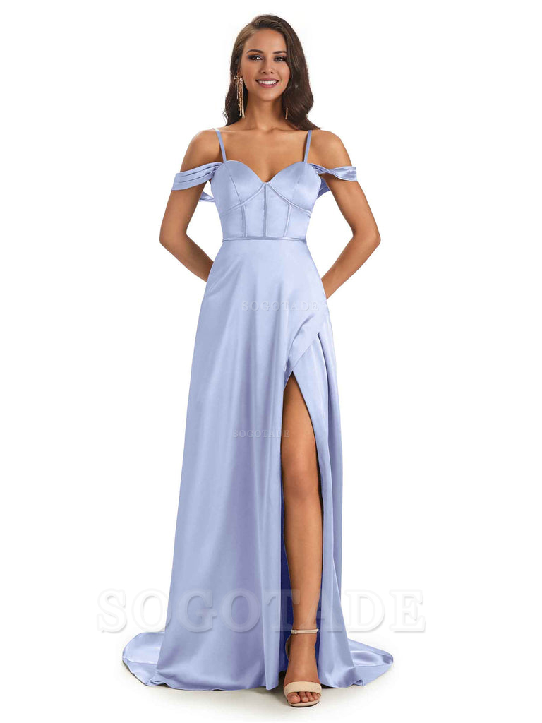Stylish Soft Satin Side Slit Spaghetti Straps Bridesmaid Dresses Elegant Evening Party Dress