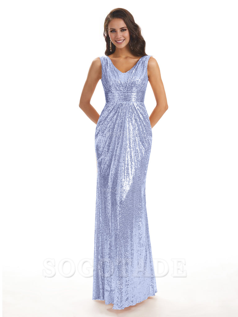 Sparkly V-Neck Sequin Long Mermaid Bridesmaid Dresses Sleeveless Charming Evening Party Dress