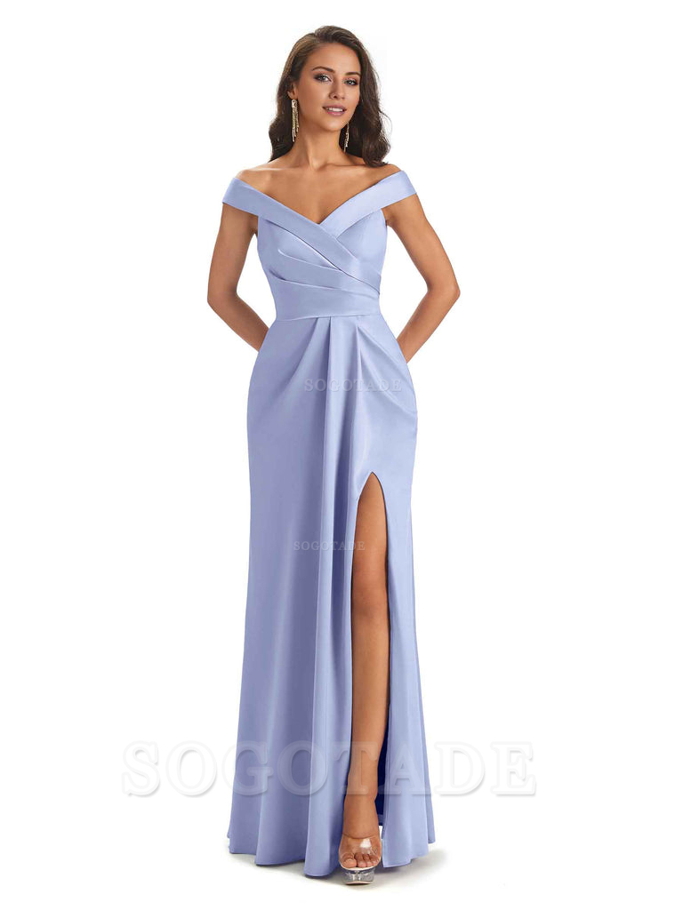 Sexy Soft Side Slit Off Shoulder V-Neck Long Satin Ladies Bridesmaid Dresses Elegant Evening Party Dress