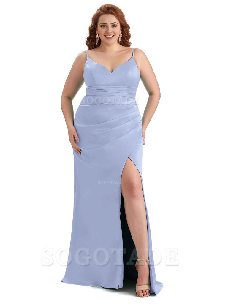 Sexy Side Slit Spaghetti Straps Mermaid Soft Satin Long Plus Size Maid of Honor Dresses