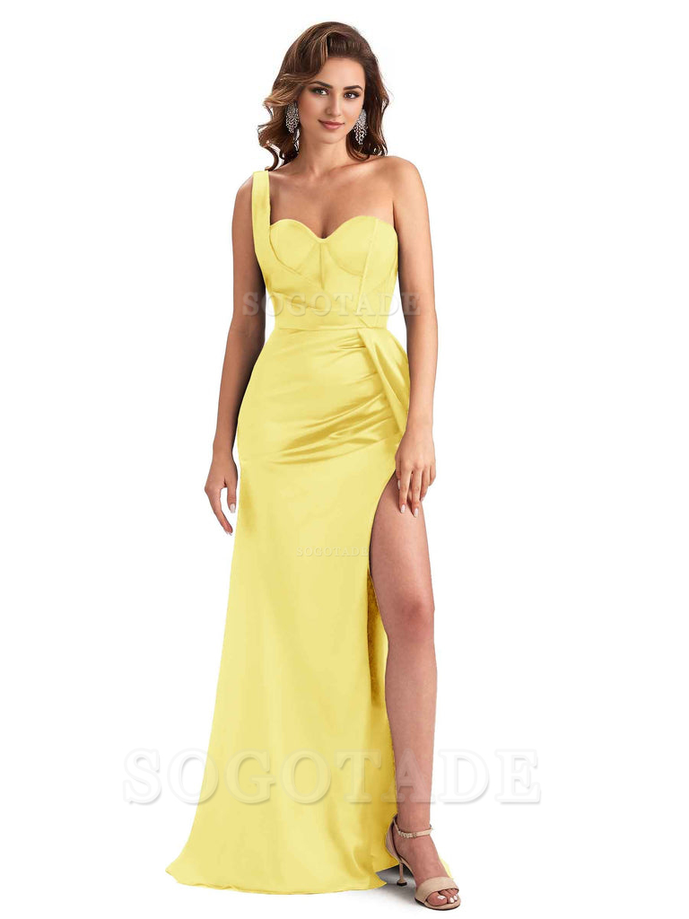 Sexy Mermaid Silky Satin Side Slit One Shoulder Unique Long Wedding Guest Dresses
