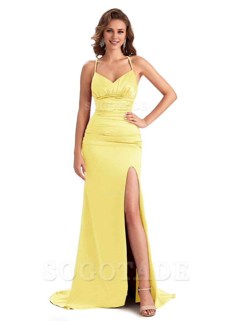 Sexy Mermaid Silky Satin Side Slit One Shoulder Unique Long Wedding Guest Dresses