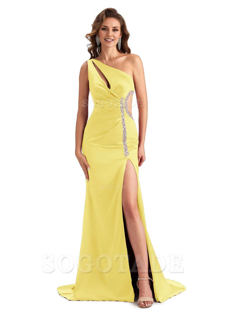 Sexy Side Slit Mermaid Soft Satin One Shoulder Lace Long Bridesmaid Dresses