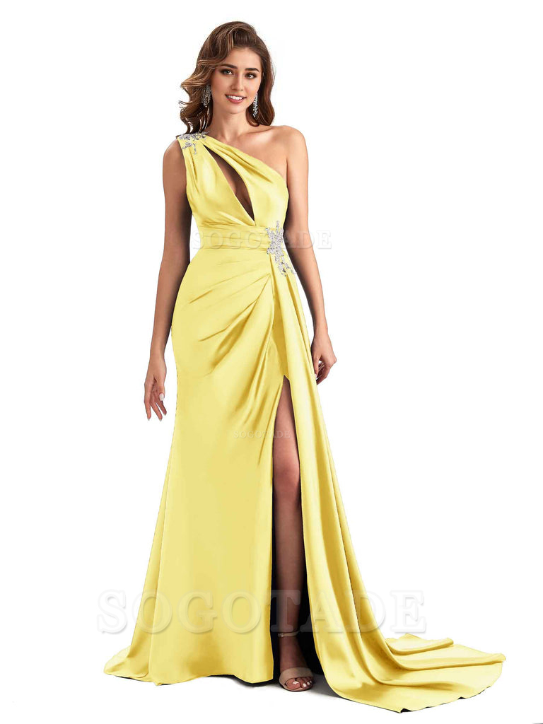 Sexy Side Slit Mermaid Soft Satin One Shoulder Lace Long Modern Bridesmaid Dresses