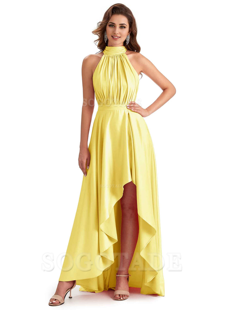 Soft Satin High Neck High Low A-Line Unique Bridesmaid Dresses Online