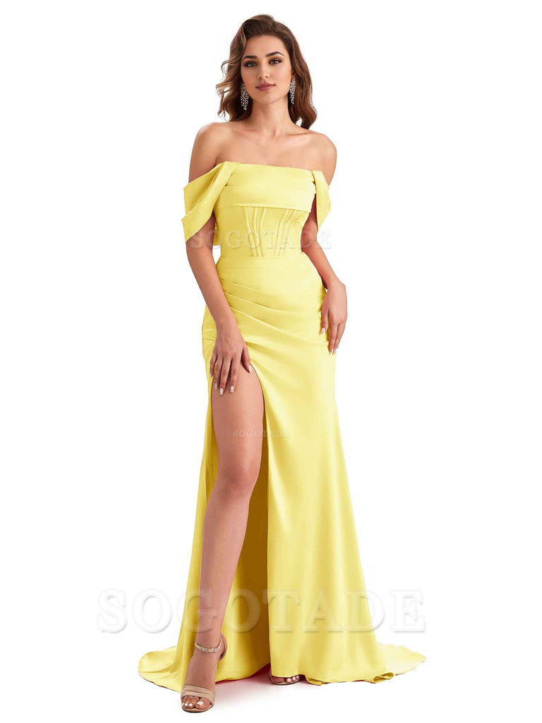 Sexy Side Slit Mermaid Soft Satin Off The Shoulder Unique Long Wedding Attendee Dresses