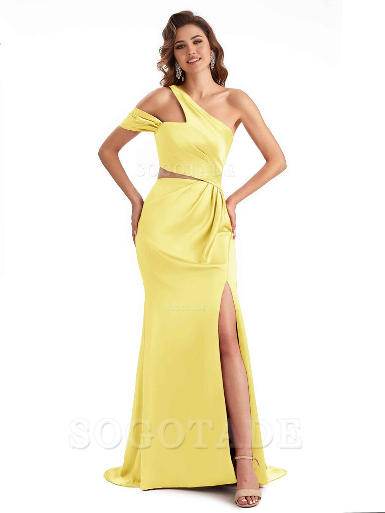 Sexy Side Slit Mermaid Soft Satin One Shoulder Long Unique Bridesmaid Dresses
