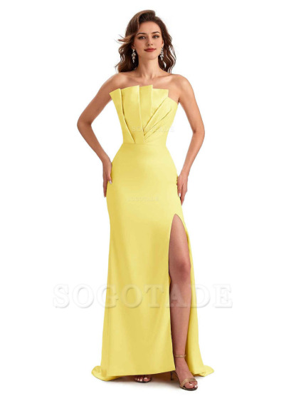 Unique Soft Satin Side Slit Asymmetrical Neckline Mermaid Long Bridesmaid Dresses
