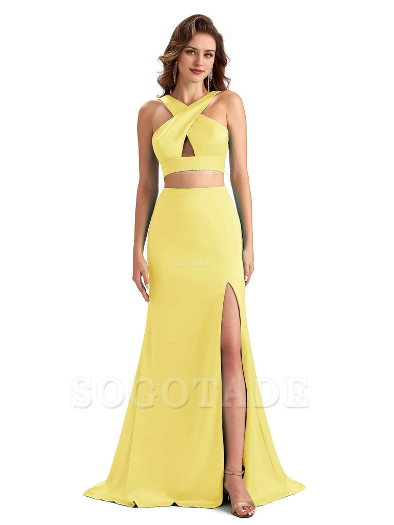 Sexy Side Slit Mermaid Silky Satin Halter Two Pieces Unique Long Bridesmaid Dresses