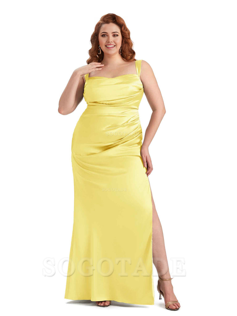 Sexy Side Slit Mermaid Wide Straps Soft Satin Long Plus Size Maid of Bridesmaid Dresses