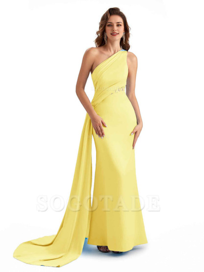 Sexy Mermaid Silky Satin One Shoulder Lace See Through Long Bridesmaid Dresses Online