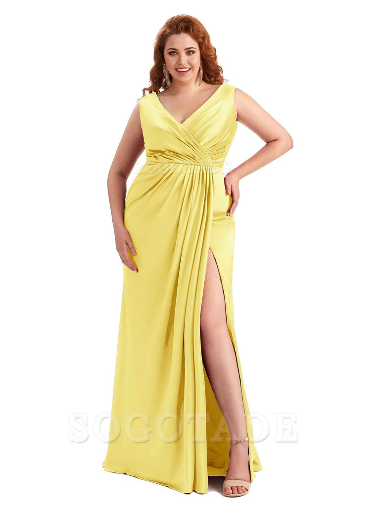 Mermaid V-Neck Satin formal dresses evening gown Bridesmaid Dresses With Side Slit 