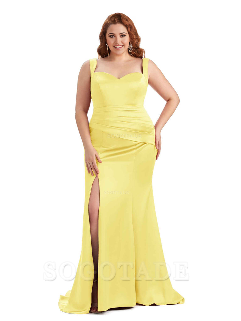 Sexy Side Slit Sleeveless Mermaid Straps Soft Satin Long Plus Size Maid of Bridesmaid Dresses