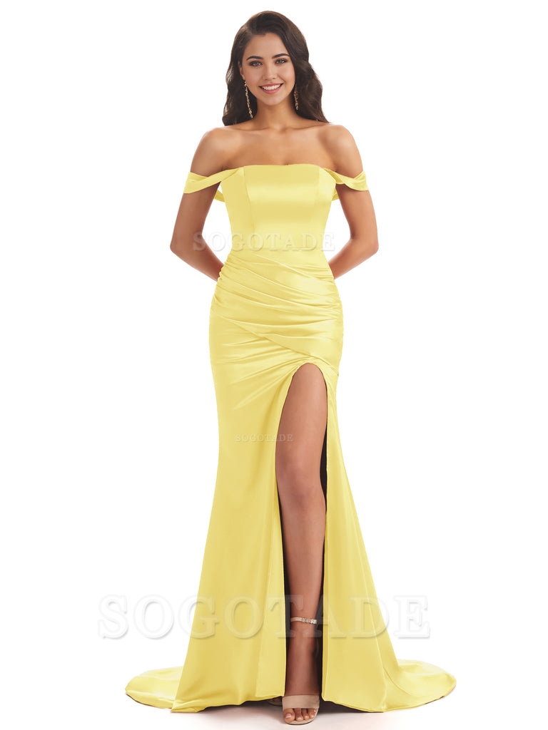 Mermaid Off Shoulder Floor-Length Satin formal dresses evening gown Bridesmaid Dresses With Side Slit 