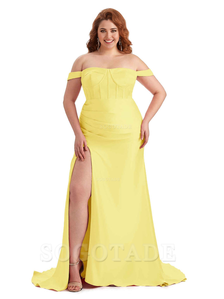 Elegant Off The Shoulder Side Slit Mermaid Soft Satin Floor Length Long Plus Size Bridesmaid Gowns