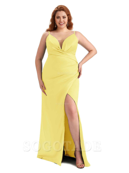 Sexy Side Slit Spaghetti Straps Sleeveless Mermaid V-neck Soft Satin Long Plus Size Bridesmaid Dress For Wedding