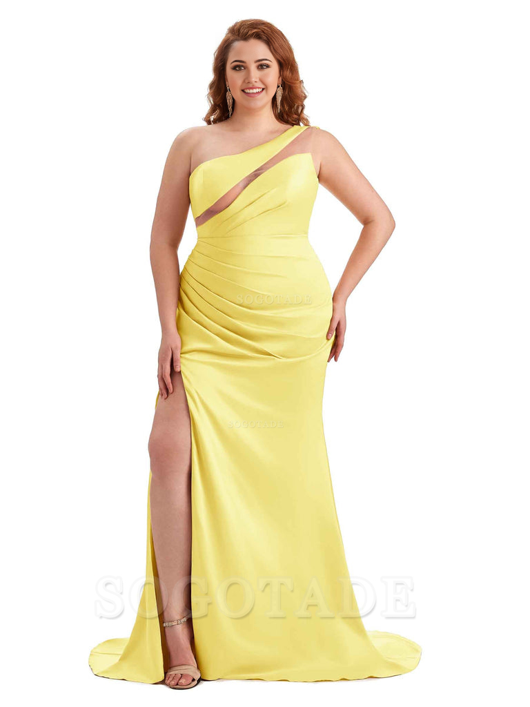 Sexy Unique Sleeveless One Shoulder Side Hight Slit Mermaid Soft Satin Long Plus Size Maid of Honour Dresses
