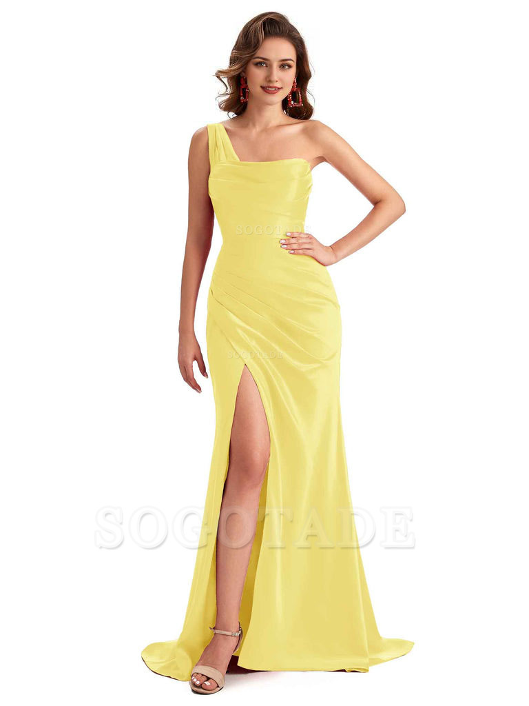 Sexy One Shoulder Side Slit Silky Satin Chic Long Mermaid Trumpet Bridesmaid Dress