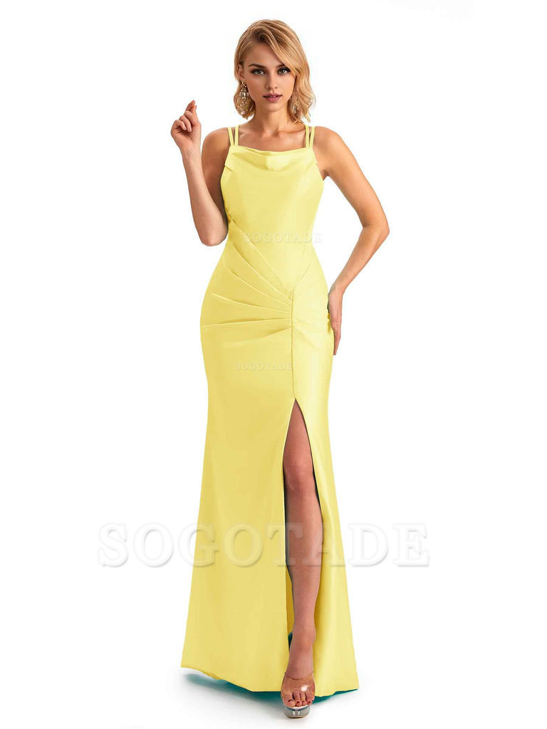Soft Satin Spaghetti Straps Side Slit Long Unique Mermaid Beautiful Dresses For Wedding