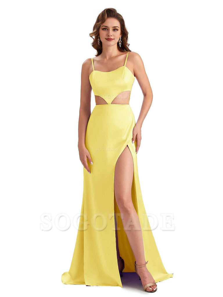 Sexy Satin Side Slit Spaghetti Straps Mermaid Long Unique Curve Wedding Guest Dresses