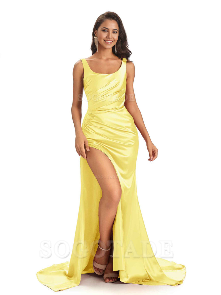 Mermaid Scoop Floor-Length Satin formal dresses evening gown Bridesmaid Dresses 