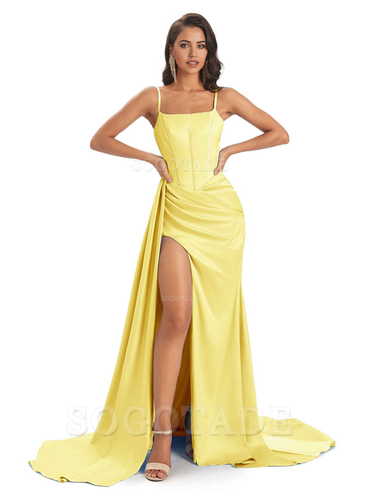 Spaghetti Straps Floor-Length Satin formal dresses evening gown Bridesmaid Dresses With Side Slit 