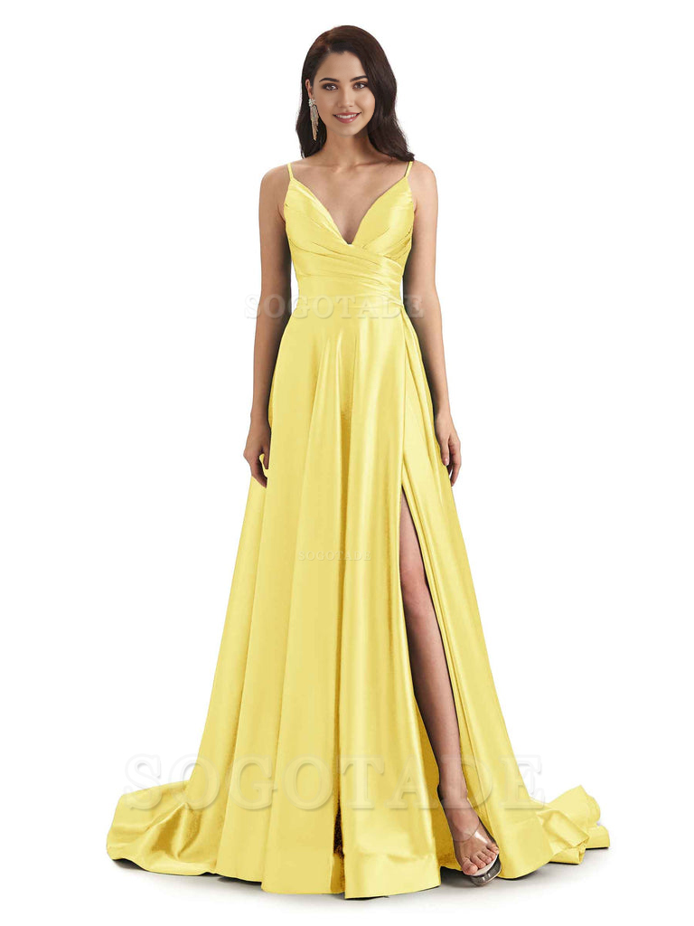 Spaghetti Straps Satin formal dresses evening gown Bridesmaid Dresses With Side Slit 