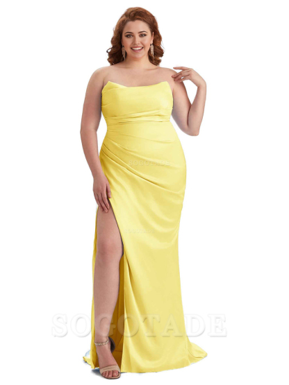 Sexy Side Slit Sleeveless Strapless Mermaid Soft Satin Long Plus Size Bridesmaid Dresses For Wedding