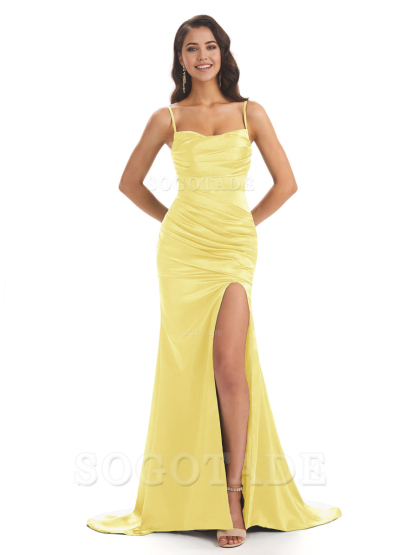 Mermaid Spaghetti Straps Satin Side Slit formal dresses evening gown Bridesmaid Dresses
