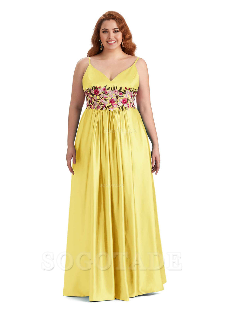 Unique Lace Spaghetti Straps Sleeveless Soft Satin Long Plus Size Bridesmaid Dress For Wedding