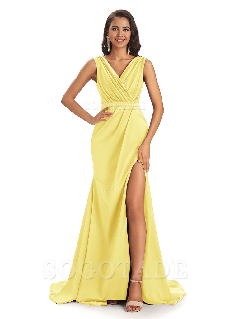 A-line V-neck Floor-Length Satin formal dresses evening gown Bridesmaid Dresses With Side Slit 