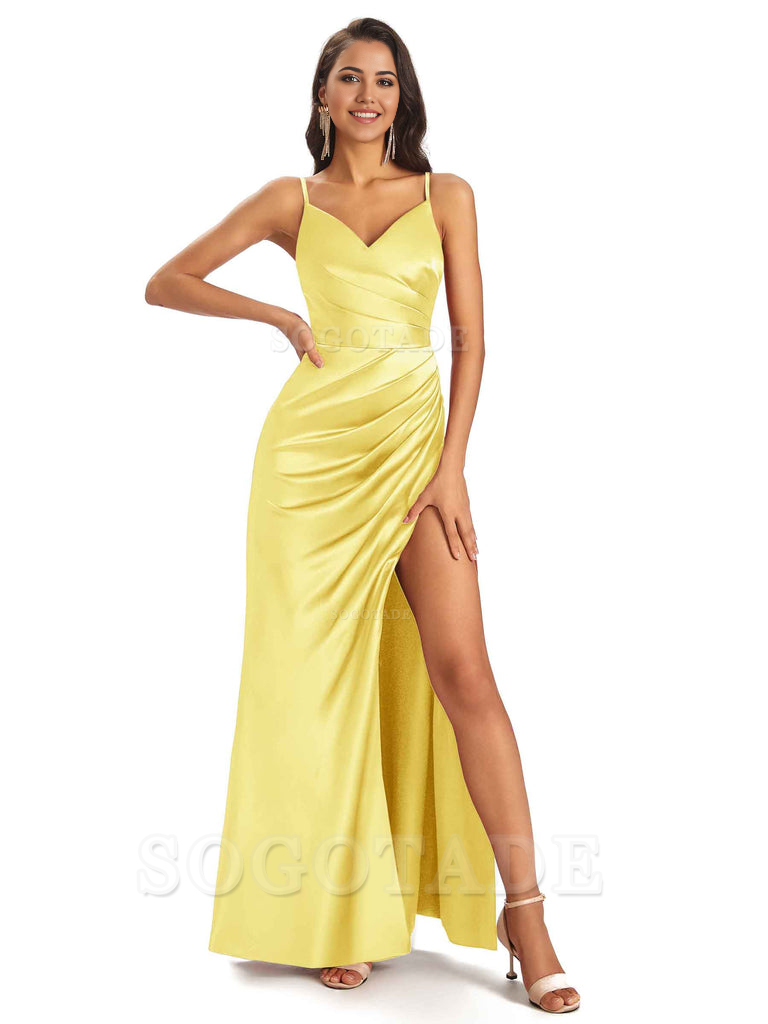 Sheath V-Neck Spaghetti Straps formal dresses evening gown Bridesmaid Dresses With Side Slit 