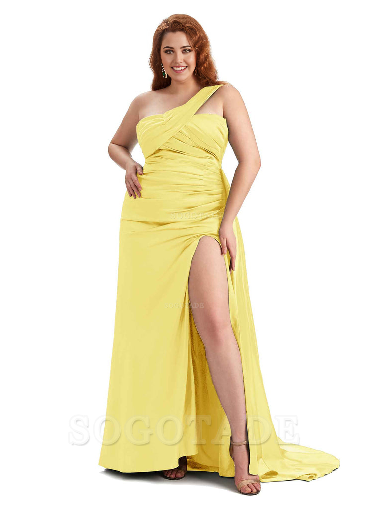  One Shoulder Sleeveless Sexy Side Hight Slit Mermaid Soft Satin Long Plus Size Bridesmaid Gowns