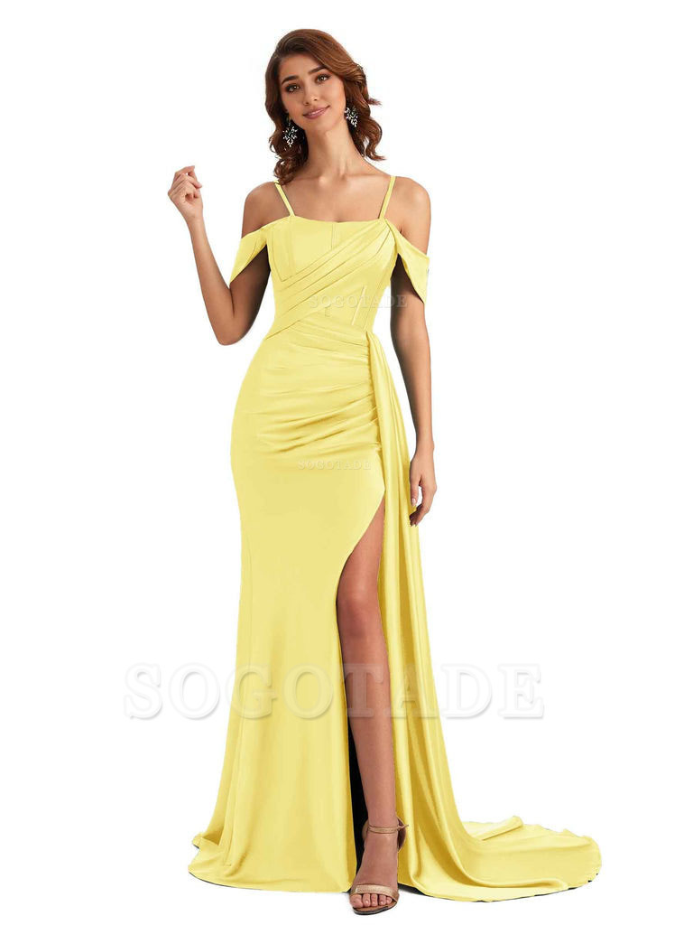 Sexy Side Slit Cold Shoulder Mermaid Satin Chic Long Wedding Guest Dresses