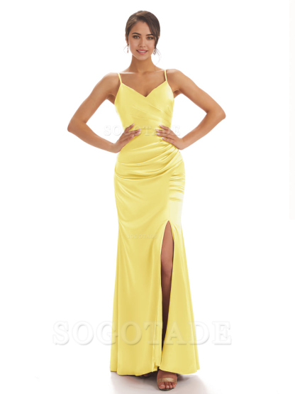 Spaghetti Straps Pleats Satin formal dresses evening gown Bridesmaid Dresses With Side Slit 