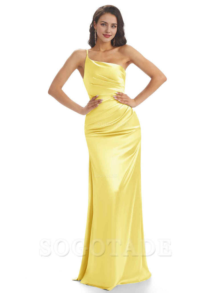 Sexy Soft Satin One Shoulder Side Slit Mermaid Long Bridesmaid Dresses prom dress shop ﻿