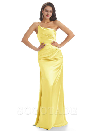 Sexy Soft Satin One Shoulder Side Slit Mermaid Long Bridesmaid Dresses prom dress shop ﻿