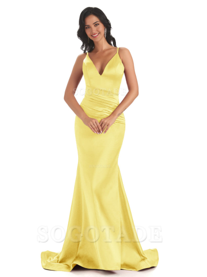 Mermaid Spaghetti V-Neck Straps Satin Long formal dresses evening gown Bridesmaid Dresses With Side Slit 