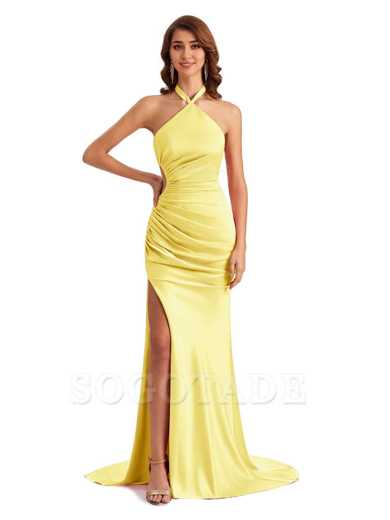 Sexy Halter Mermaid Silky Satin Unique Long Formal Wedding Guest Dresses
