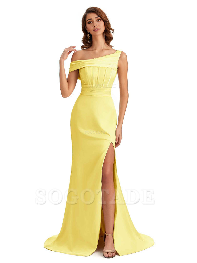 Elegant Asymmetrical Neck Soft Satin Side Slit Long Mermaid Bridesmaid Dresses