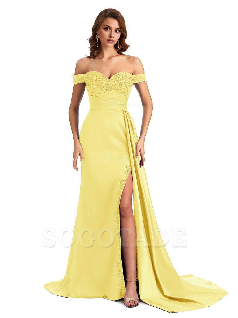 Sexy Off The Shoulder Mermaid Side Slit Silky Satin Long Bridesmaid Dress For Wedding
