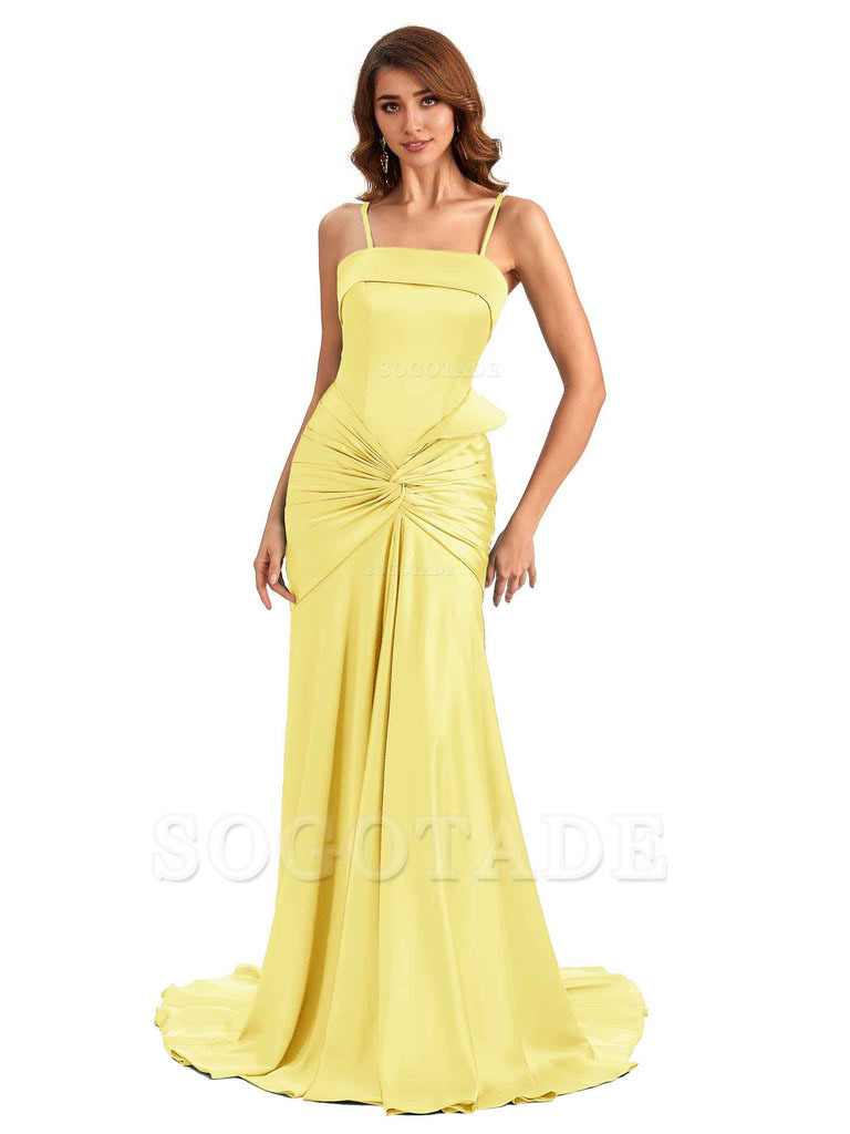Sexy Mermaid Spaghetti Straps Silky Satin Unique Long Bridesmaid Dress For Wedding