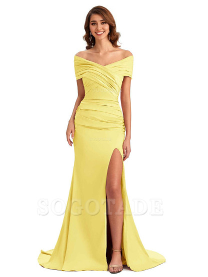 Sexy Off The Shoulder Side Slit Mermaid Satin Unique Long Formal Wedding Guest Dresses