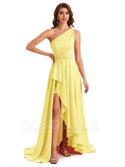 Sexy One Shoulder A-Line High Low Silky Satin Lace Long Formal Wedding Guest Dresses